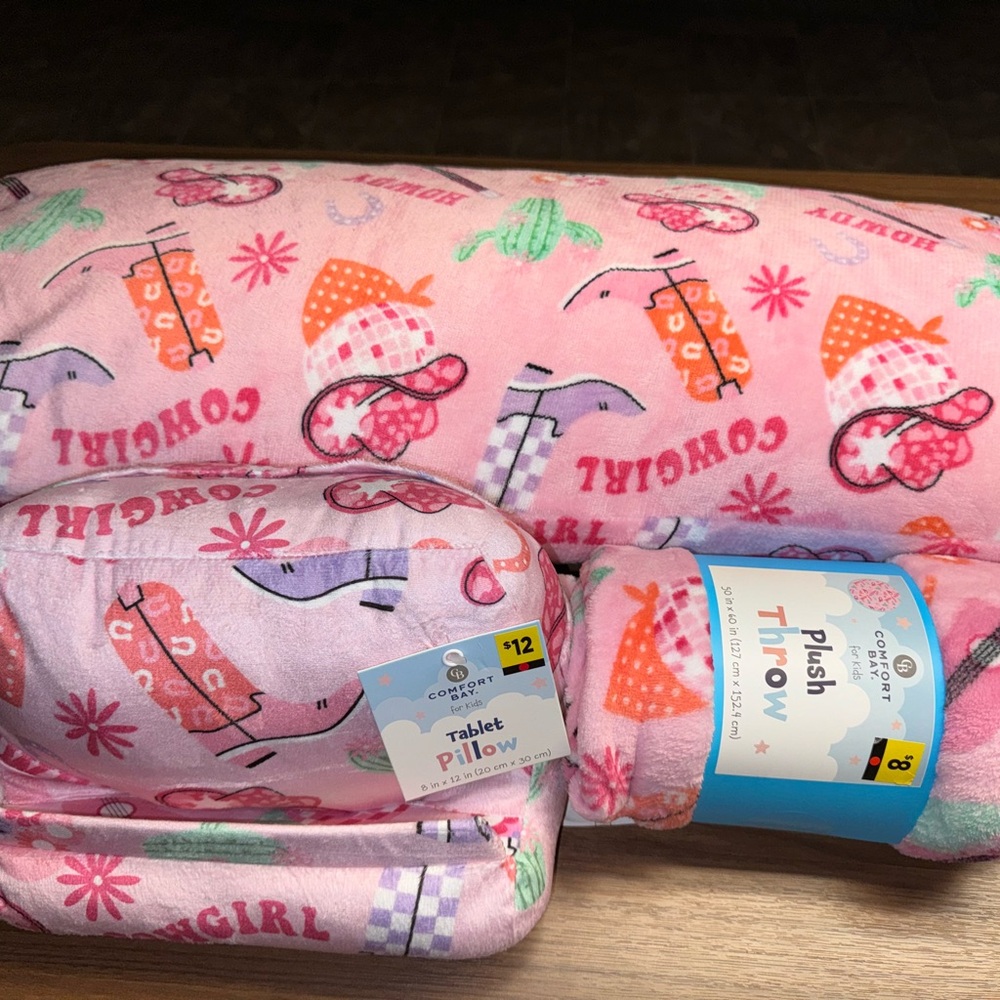 Pink Cowgirl Plush Throw and Tablet Pillow Set